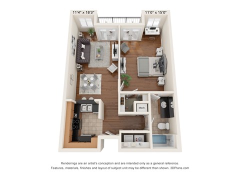 Floor plan for 1 bed, 1 bath, 620 sqft